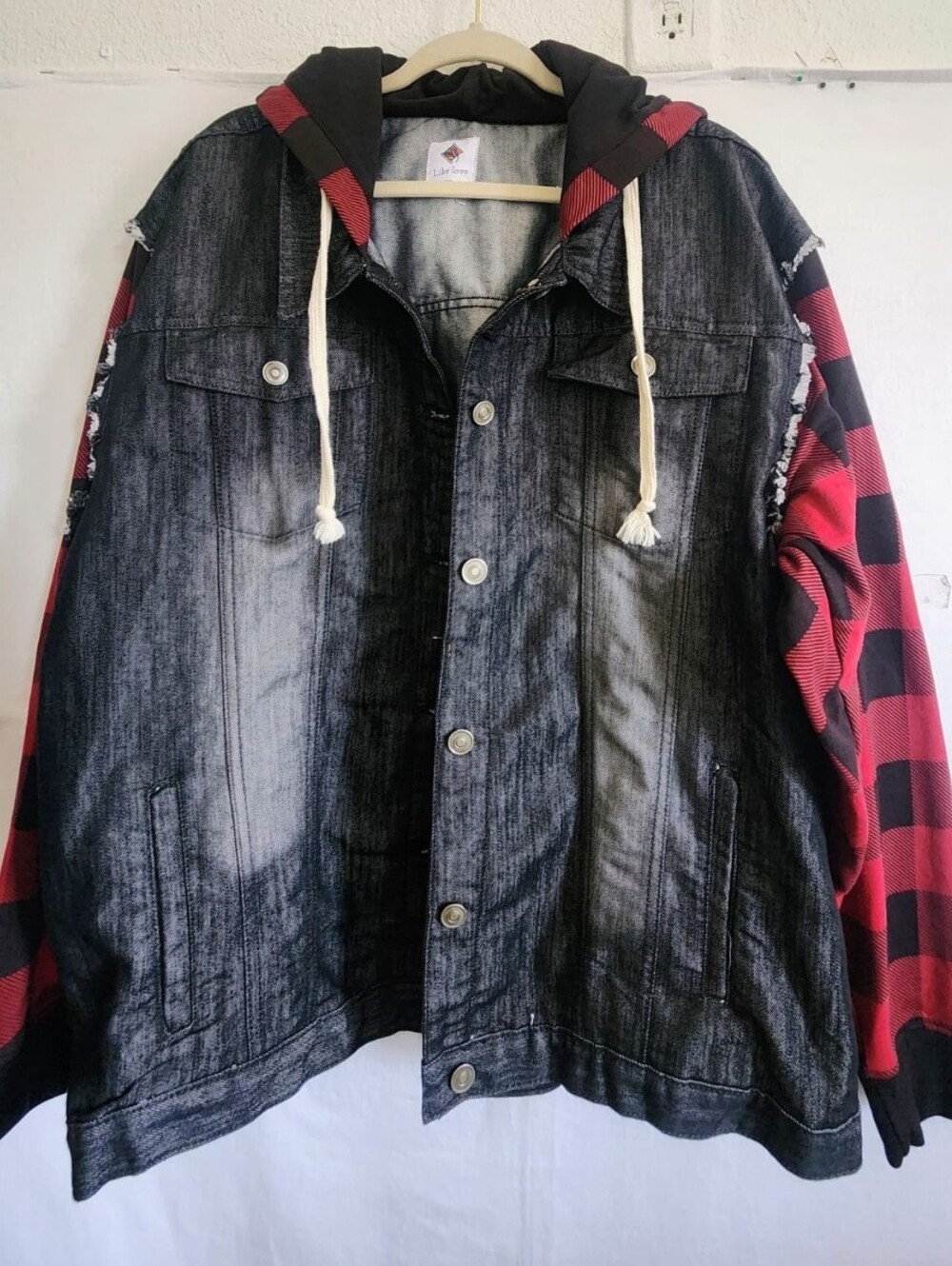 LIKE LOVE... Unisex Black Washed Denim Jacket with Red Plaid Sleeves and Hood.